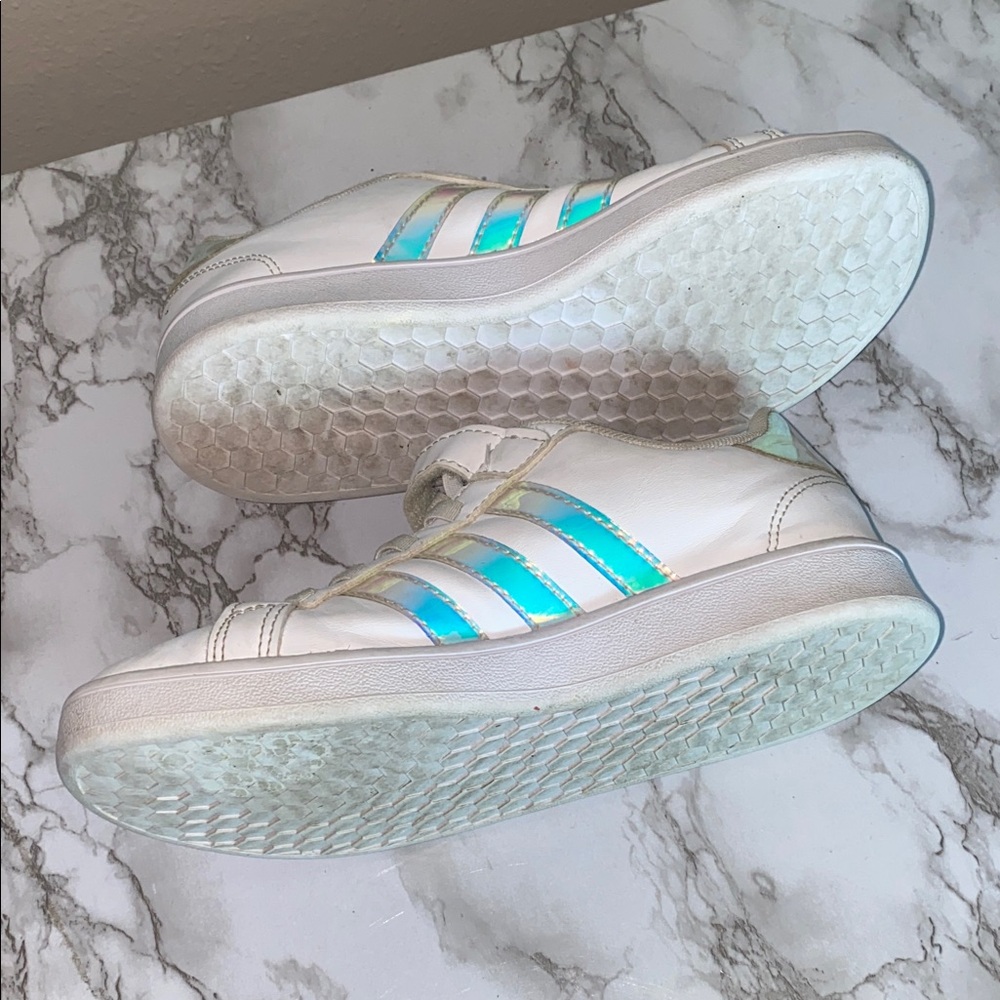 Adidas Originals Superstar Kids White Sneakers with Iridescent Blue Stripes - Picture 9 of 10